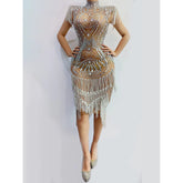 Pure Handmade Dress, Gold Tassel Beading Sleeveless Big Stone Sexy Evening Dresses, Luxury Evening Glows, 2022 - 28Swim